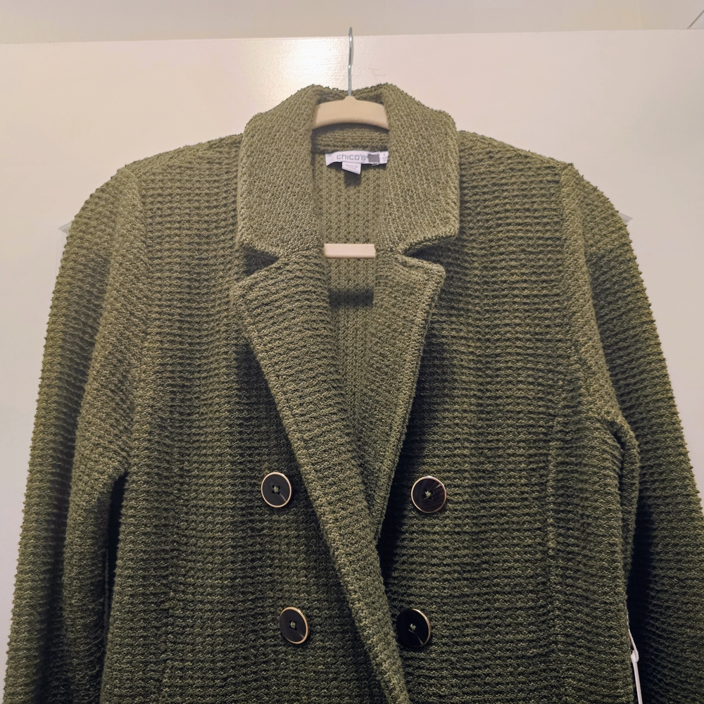 NWT Chico’s Size 1 Olive Green Textured Sweater Jacket Double Breasted - Picture 5 of 9